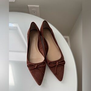 Ann Taylor Brown Suede Pointed Toe Ballet Flats (Bow Detail)